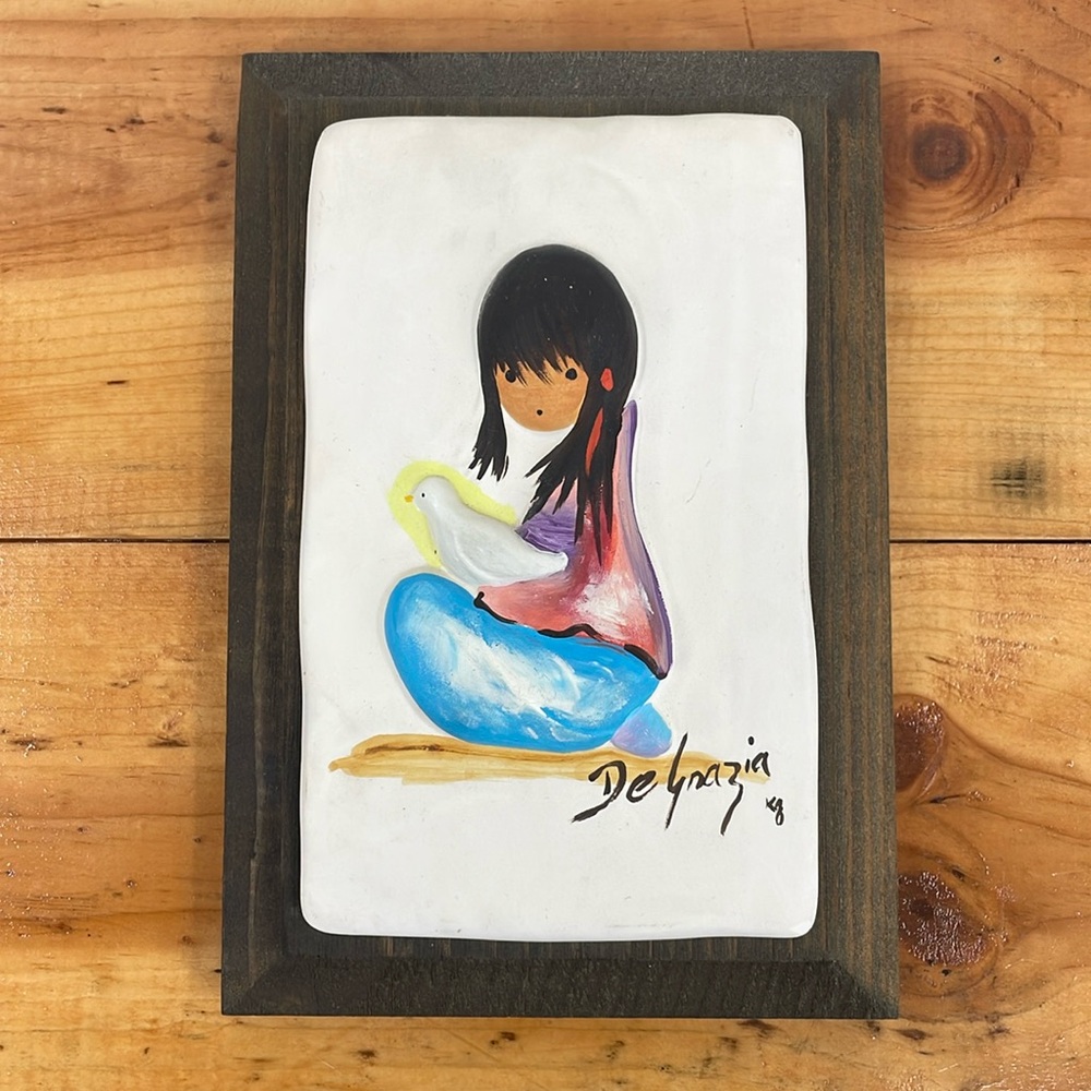 Vintage DeGrazia Girl Dove Hand-Painted Ceramic Tile Wood Wall Art 5.25 x 7.75